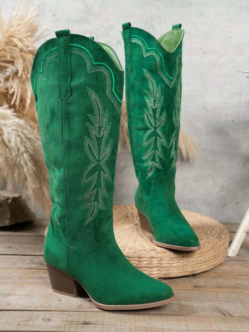 Green Western Women's faux Suede Embroidered Block heel knee high Cowboy Boots - Picture 5 of 5
